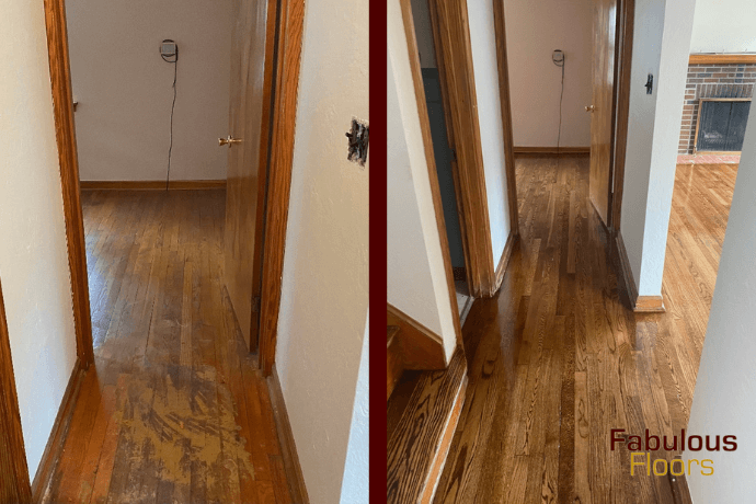 before and after of a floor refinishing service