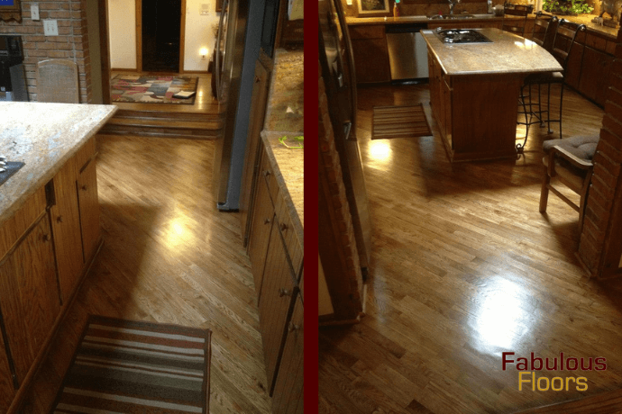 before and after of a hardwood resurfacing job in a greendale kitchen