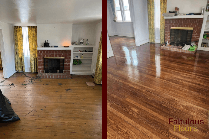 before and after floor refinishing in a living room in hales corners, wi